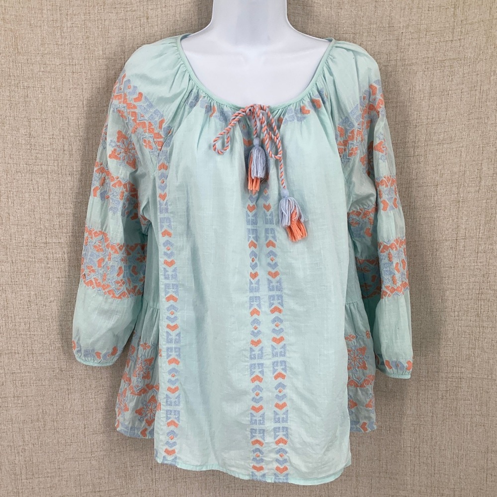 Vineyard Vines Peasant Top Women M Blue Cotton Embroidered Boho Tassel‎